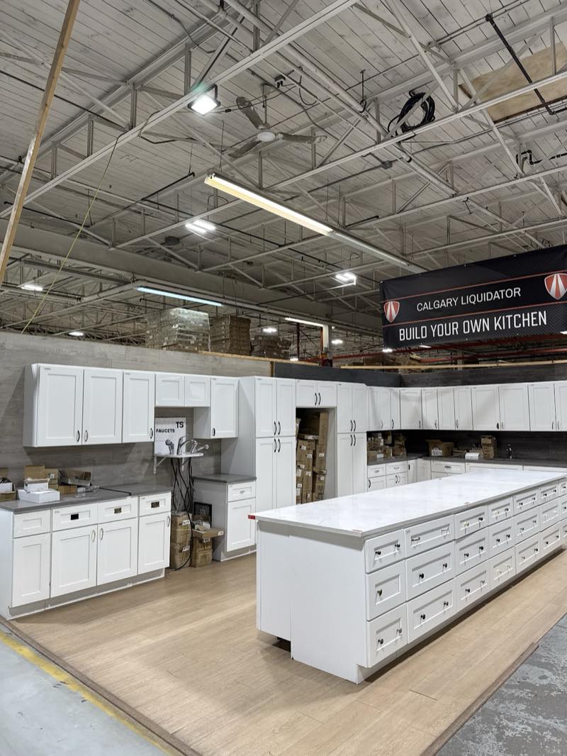 Kitchen cabinet showroom display at Calgary Liquidator warehouse